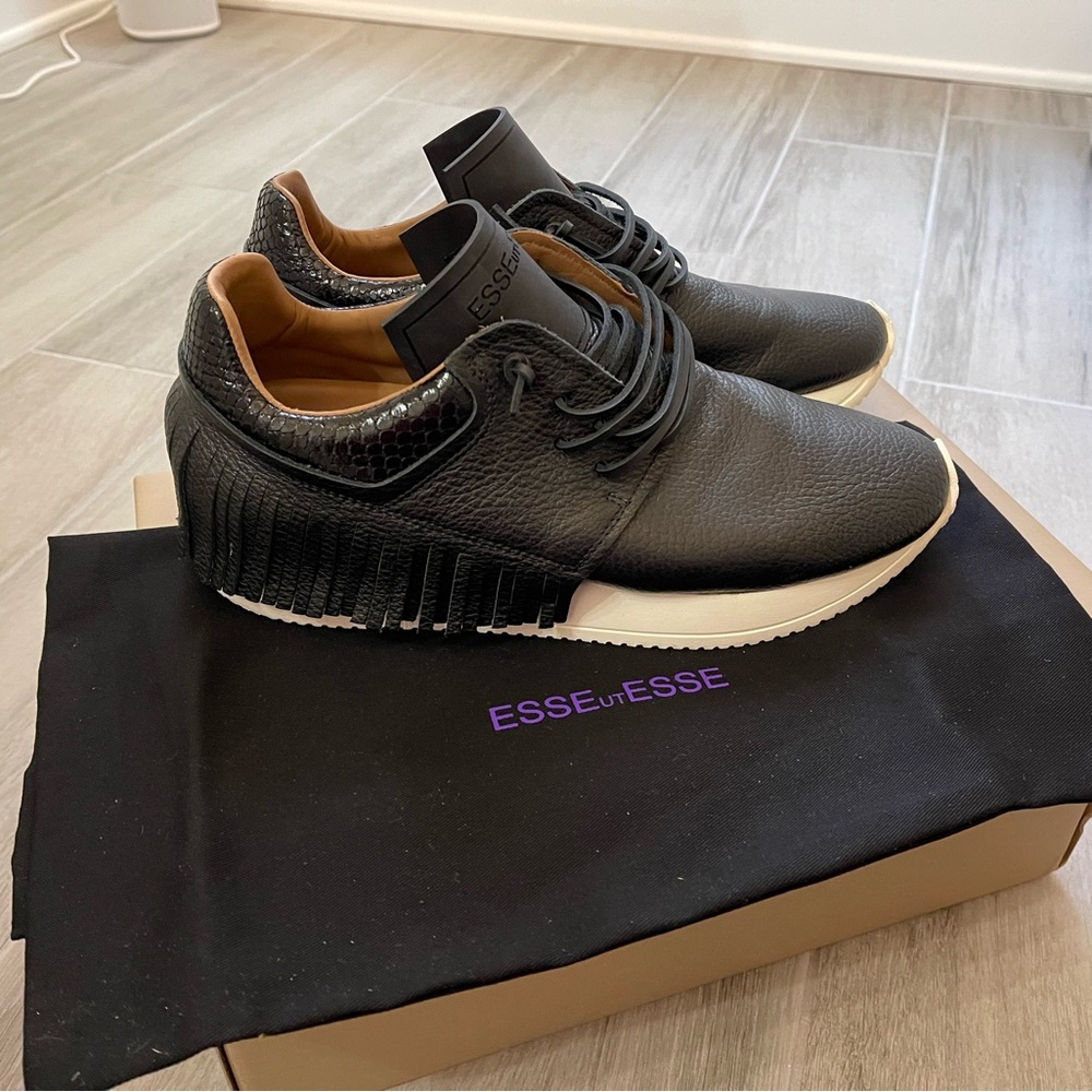 Esseutesse Black Leather Fringe Sneakers